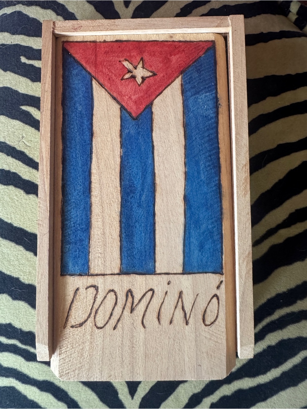 Handmade Wooden Domino Box with Cuban Flag Design - Blue, Red, Cream